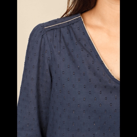 Lurex Details Plumetti V-Neck Navy Blue Shirt - Picture 5 of 5